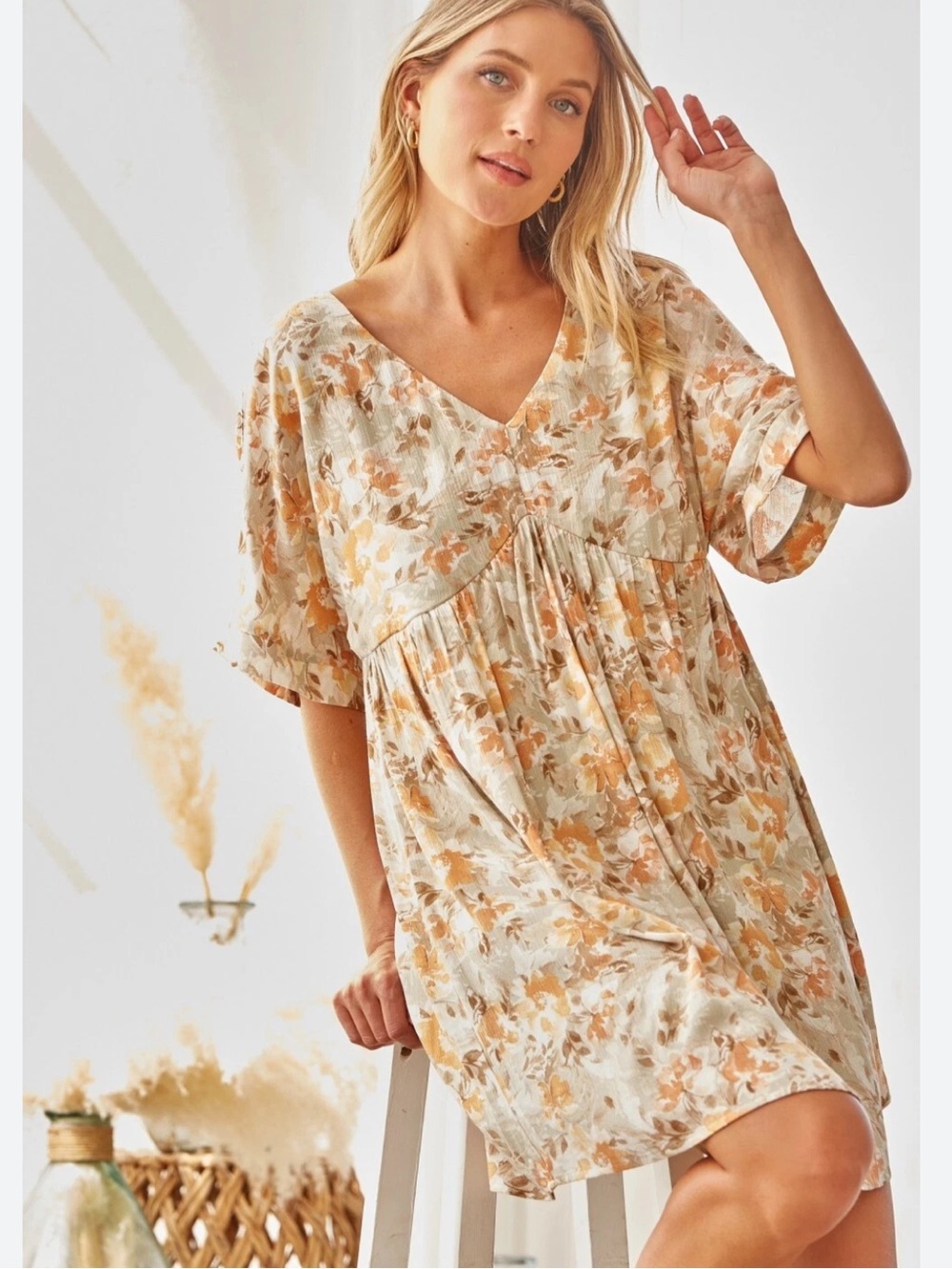 ANDRÉE BY UNIT Sage Green/Warm Orange Floral Print Baby Doll Dress